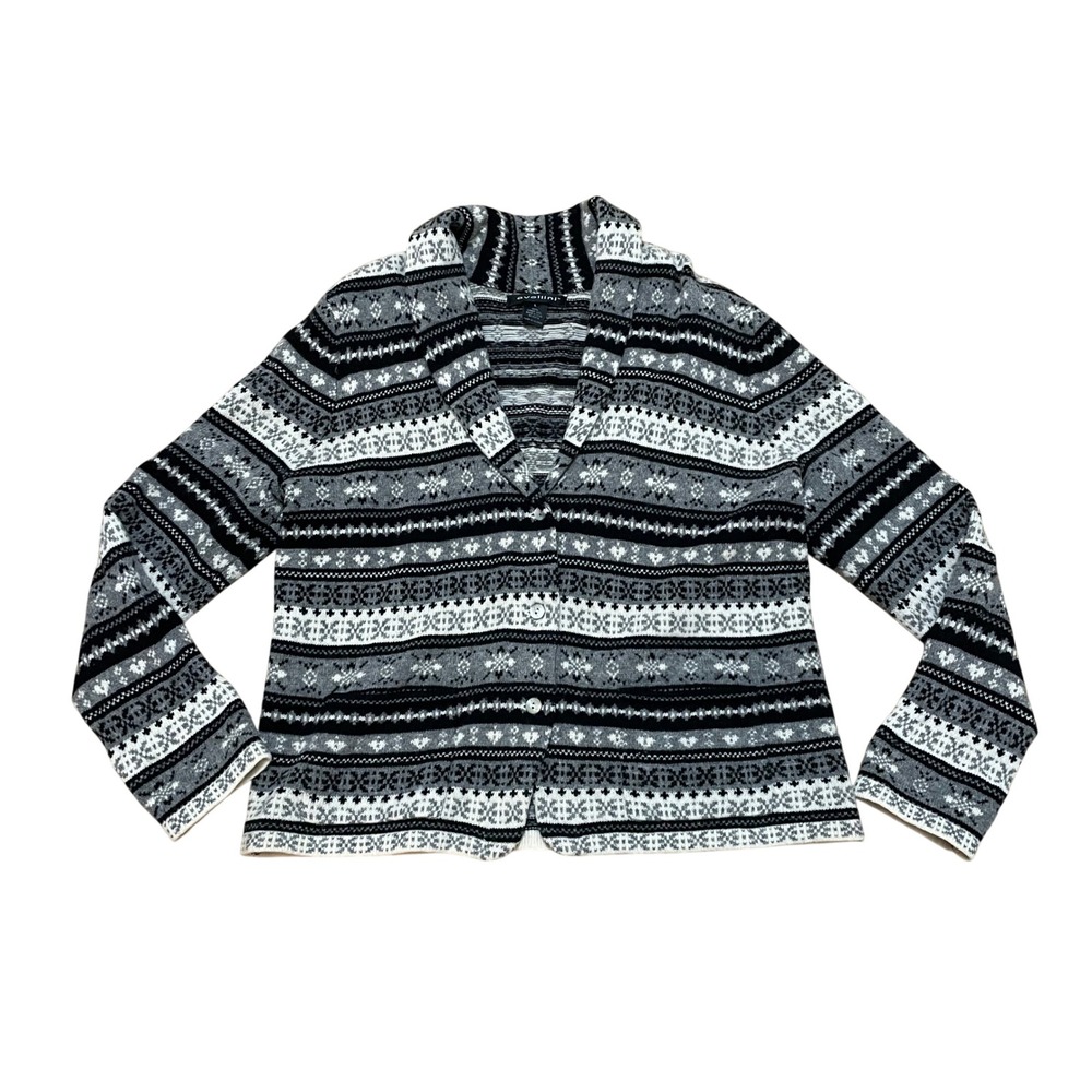 Avellini Women's L Lambswool Fair Isle Cardigan Sweater Shawl Collar Gray Black